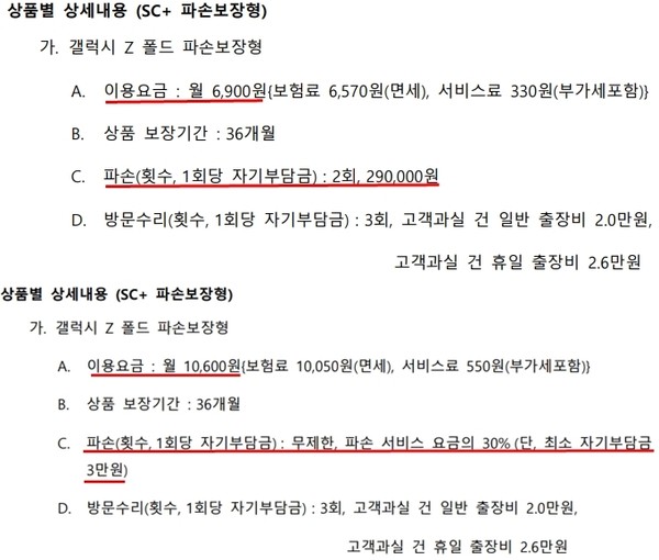 ▲삼성케어플러스 기존 서비스 이용약관(위), 개정된 약관(아래)