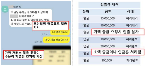 ▲ 코인 리딩방을 통한 투자사기 유형(출처: 금융감독원)