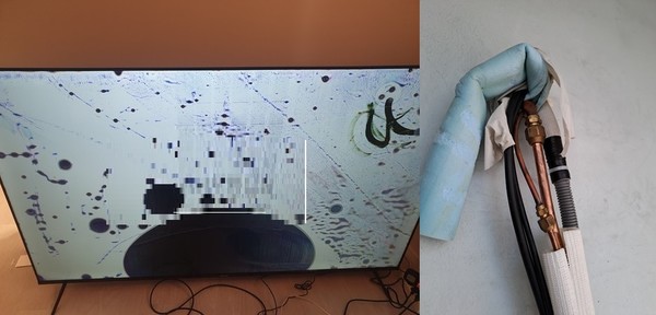 ▲반점이 생긴 TV, 배관이 꺾인 에어컨