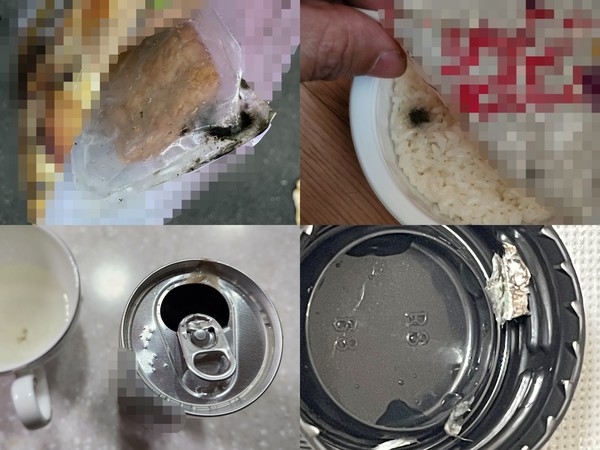 ▲지난해 들어온 변질 관련 제보 사진들. 왼쪽 위부터 시계방향으로 유부제품, 즉석밥, 페트병 음료, 캔 음료.