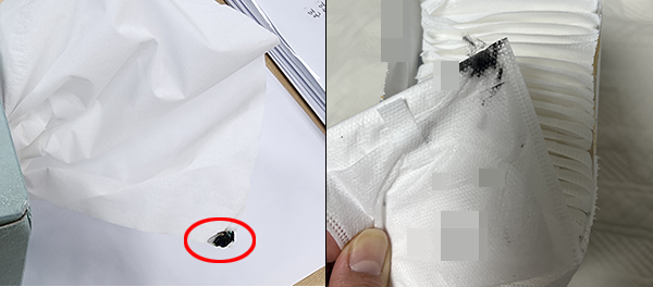 ▲ 휴지에서 압착된 파리가 나온 모습(왼쪽), 생리대 겉면에 알 수 없는 용액이 묻은 채로 배송된 모습