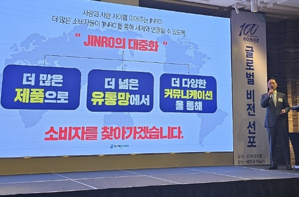 ▲황정호 하이트진로 해외사업본부 전무가 '글로벌 비전 2030' 선포 프레젠테이션을 하고 있다
