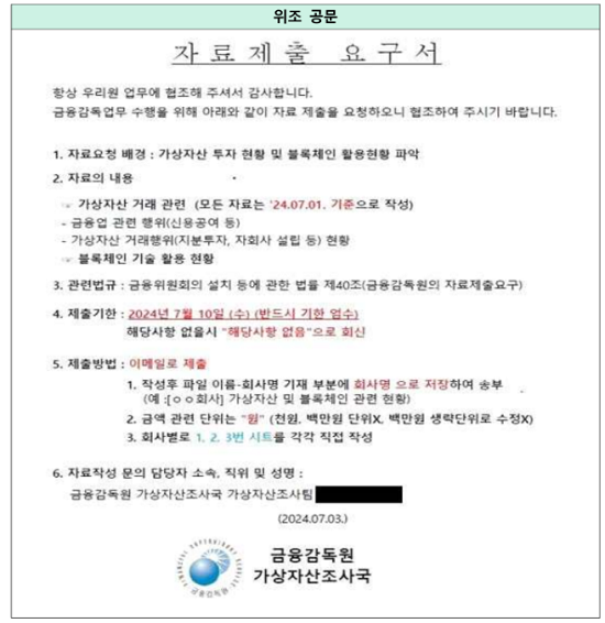 ▲ 실제 범인들이 위주한 금감원 가상자산조사국 명의 가짜 공문