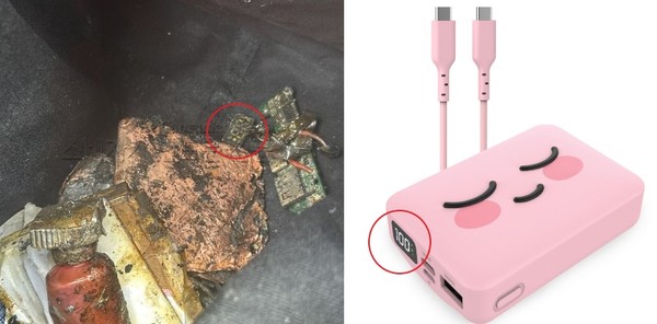 ▲화재가 발생한 물건 잔해(왼쪽), 강 씨는 전자 부품 옆에 붉은 원형으로 표시한 부분이 배터리 잔량을 표시하는 기판이라고 설명했다