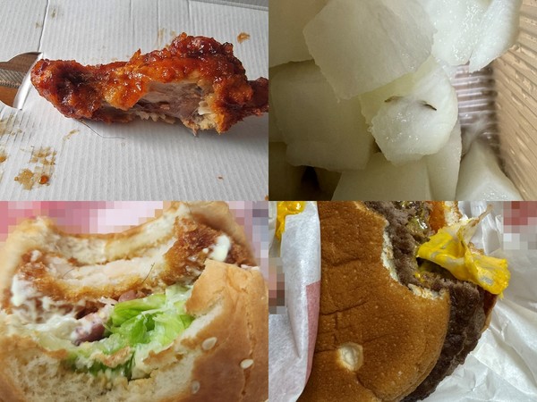 ▲(왼쪽 위부터 시계방향으로) 치킨에 박힌 머리카락, 무에 나뭇조각이 박힌 상태, 버거 패티 사이에 낀 종이, 버리카락이 들어있는 버거