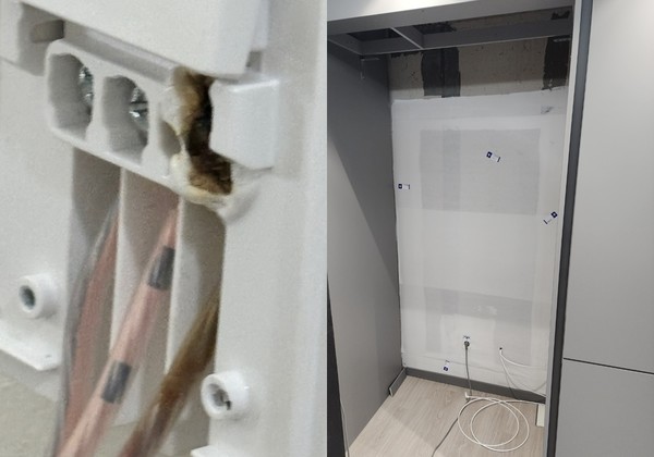 ▲왼쪽부터 옵션 에어컨 실외기 전기 누전이 발생한 모습, 옵션 냉장고 뒷면을 도배해두지 않은 모습. 두 곳 시공사와 하청업체가 책임을 미루고 있다