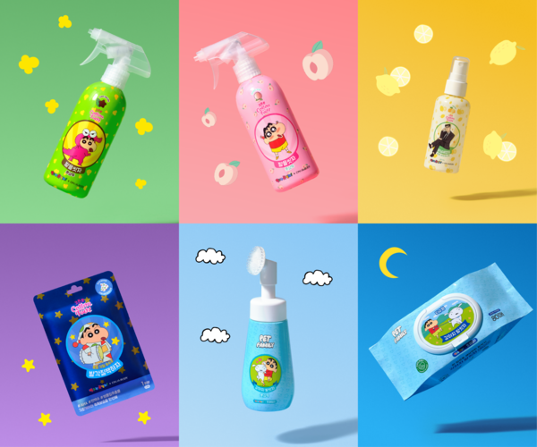 ▲(상단 왼쪽 제품부터) 발을씻자 풋샴푸 민트초코향, 발을씻자 풋샴푸 피치향, 보송 데오 미스트, 강아지 발씻자 짱구 티슈형, 강아지 발씻자, 짱구, 발각질팩하자 풋필링마스크. 사진=LG생활건강