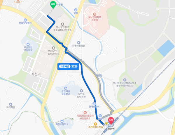 ▲부산 장안지구 우미린 프리미어에서 동해선 좌천역까지 도보 거리