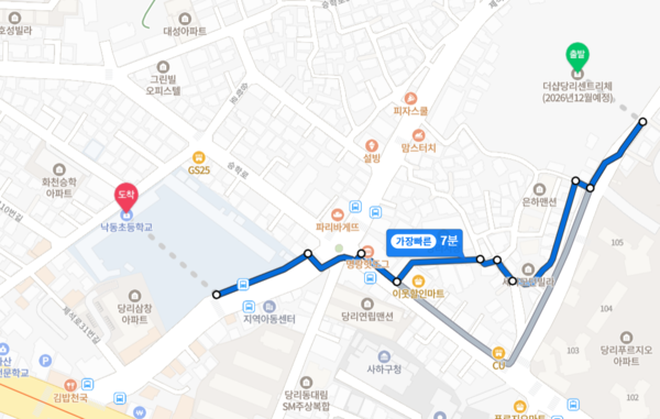 ▲더샵 당리센트리체에서 낙동초 도보 거리