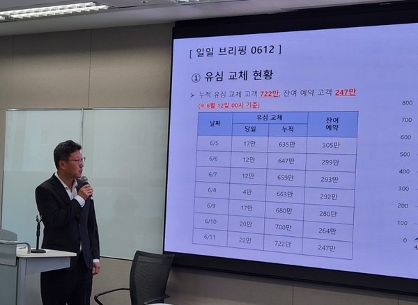 ▲김희섭 SK텔레콤 PR센터장이 일일브리핑을 하고 있다.