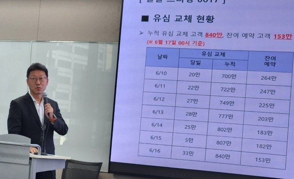 ▲김희섭 SK텔레콤 PR센터장이 일일브리핑을 하고 있다