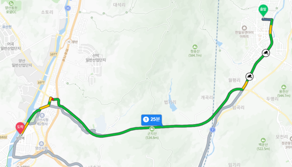 ▲양산자이 파크팰리체에서 부산2호선 양산역까지 자차 거리