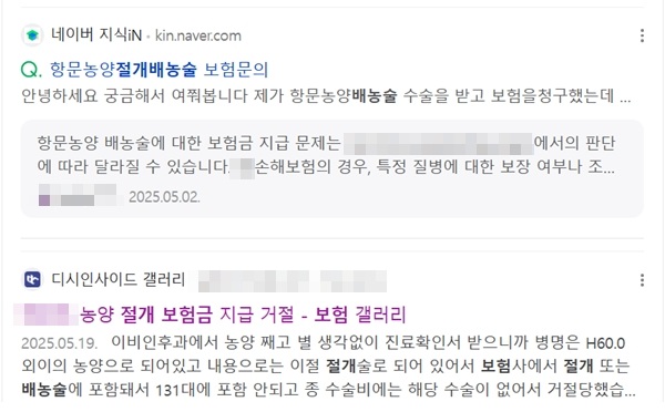 ▲검색포털에 '절개배농술 보험금'을 치면 부지급에 대한 소비자 문의글을 쉽게 찾아볼 수 있다