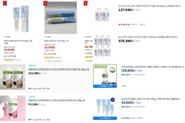 ▲쿠팡, 지마켓, 옥션, 11번가 등에서 다단계업체 제품이 다수 판매되고 있다.