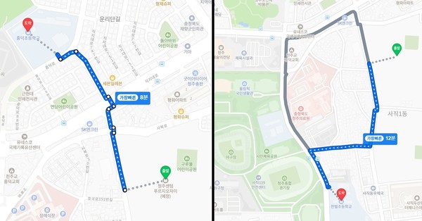 ▲청주 센텀 푸르지오 자이에서 흥덕초(왼쪽)와 한벌초(오른쪽)까지 도보 거리