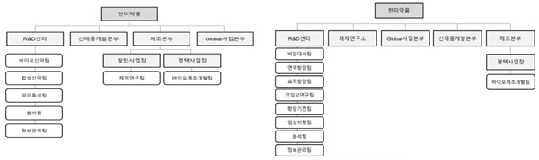 ▲한미약품 연구개발 조직, 2022년 말(왼쪽)과 2025년 상반기 말 기준