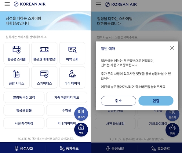 ▲대한항공 보이는 ARS 접속 후 일반 예매 메뉴를 선택하면 챗봇 답변으로 연결된다는 안내 문구가 뜬다.