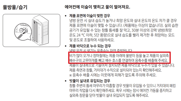▲삼성전자 창문형 에어컨 매뉴얼에 응축수를 배출하는 방법이 기재돼 있다.