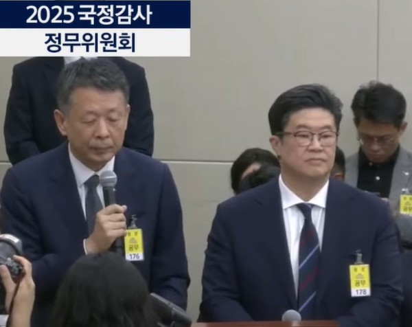14일 열린 국회 정무위원회의 국정감사에 증인으로 출석한 MBK파트너스 김병주 회장(오른쪽)