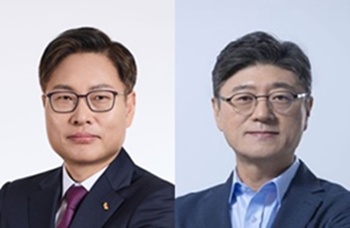 ▲(왼쪽부터)강동수 SK(주) 대표, 정재현 SK텔레콤 대표. 사진=SK그룹