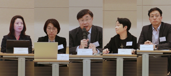 ▲(왼쪽부터) 임정하 서울시립대학교 법학전문대학원 교수, 이정수 한국소비자단체협의회 사무총장, 장덕조 서강대학교 법학전문대학원 교수, 변혜원 보험연구원 연구위원, 조영범 금융감독원 금융소비자보호총괄국 소비자보호총괄팀장.