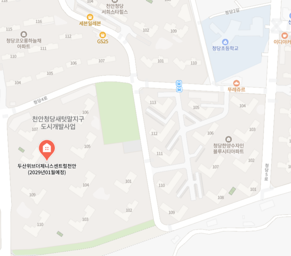 ▲두산위브더제니스 센트럴 천안 인근에 위치한 청당초 