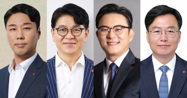 ▲(왼쪽부터)  정현석 롯데쇼핑 백화점사업부 대표이사(내정) 부사장, 차우철 롯데쇼핑 마트사업부 대표이사 겸 슈퍼사업부 대표이사(내정) 사장, 서정호 롯데웰푸드 대표이사(내정) 부사장, 오일근 롯데건설 대표이사(내정) 부사장
