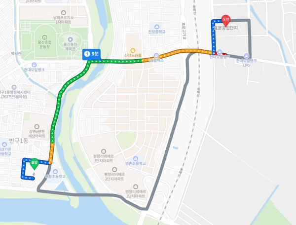 ▲태화강 센트럴 아이파크에서 효문 공업단지까지 자차 거리