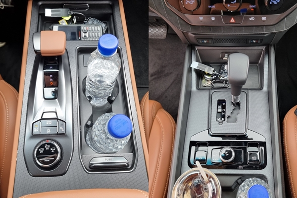 ▲(왼쪽)가솔린 모델에는 전자식 변속 레버가 탑재됐다. 