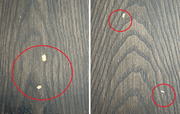 ▲식탁에 코팅이 군데군데 벗겨져 있다