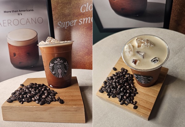 기자가 직접 제조한 에어로카노, 제조 직후 표면에 폭포같이 흘러내리는 캐스케이딩 비주얼(왼쪽)을 볼 수 있다.