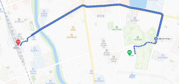 ▲경산 상방공원 호반써밋 1단지에서 KTX 경산역까지 대중교통 거리