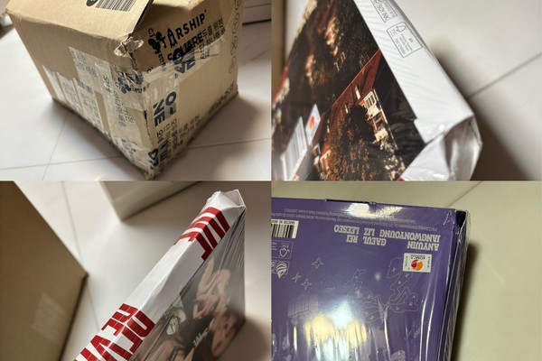 ▲아웃박스가 손상된 채 도착한 인기 아이돌 그룹 '아이브'의 정규 2집 앨범 'IVE THE 2ND ALBUM REVIVE+'. 사진=제보자