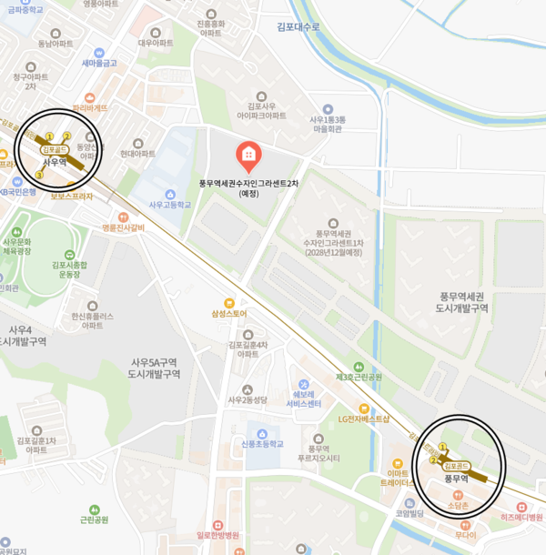 ▲풍무역과 사우역 사이에 있는 풍무역세권 수자인 그라센트2차