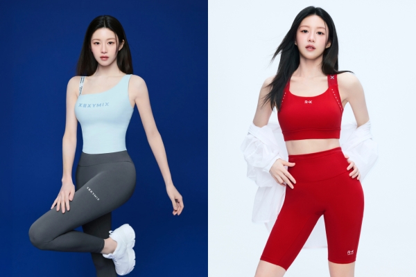 ▲배우 고윤정이 언밸런스 로고밴딩 크롭탑(왼쪽)과 RX 블랙라벨 시그니처 360N 리플렉티브 브라탑을 착용하고 있다. 사진=젝시믹스